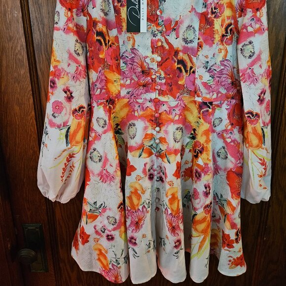 Dalia MacPhee Large Floral Long Sleeve Retro Dress Mod Artsy Colorful Dress - Picture 2 of 5